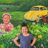 child, girl, mural, painting, flower, greenery, yellow_car, butterfly, pretzel, smiling, outdoor_art, nature, portrait, happy, dress, plants, colorful, background, artwork