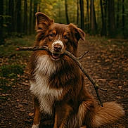 Vamos participe au concours pour gagner de l'argent avec cette photo : animal, autumn, brown, canine, cute, dog, fluffy, forest, fur, leaves, nature, outdoor, path, pet, playful, sitting, stick, trees, white, woodland