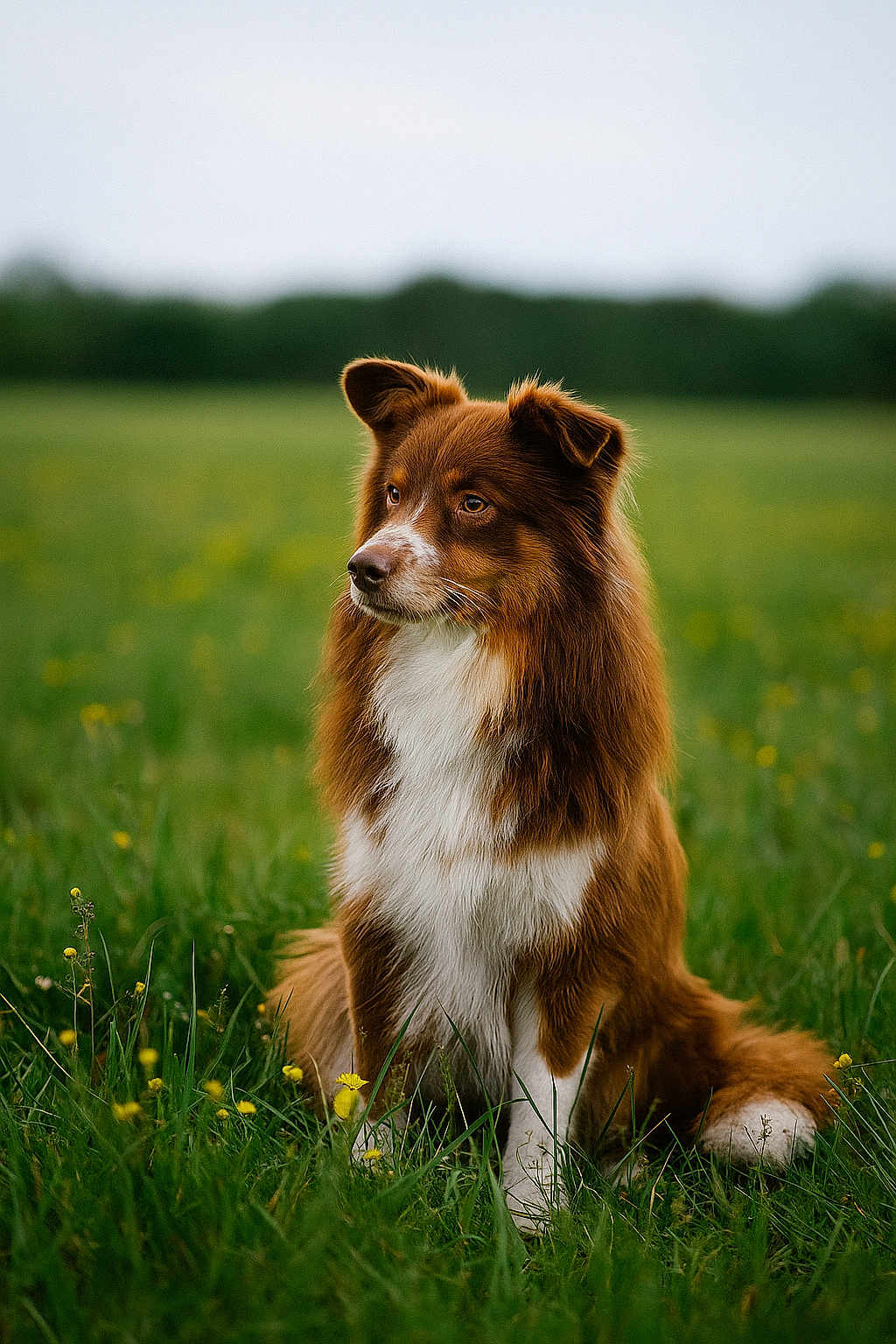 Vamos a rejoint le concours — aidez-le/la à gagner de superbes lots ! dog, brown_dog, white_fur, fluffy, sitting, meadow, grass, yellow_flowers, outdoor, nature, canine, animal, fur, ears, snout, field, peaceful, overcast, greenery, portrait