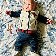 Gabriel a rejoint le concours — aidez-le/la à gagner de superbes lots ! baby, infant, child, clothing, jacket, pants, shoes, blanket, pattern, floral, milestone_card, sloth, lying_down, cute, indoors, portrait, young_child, soft_lighting, fabric, baby_milestone