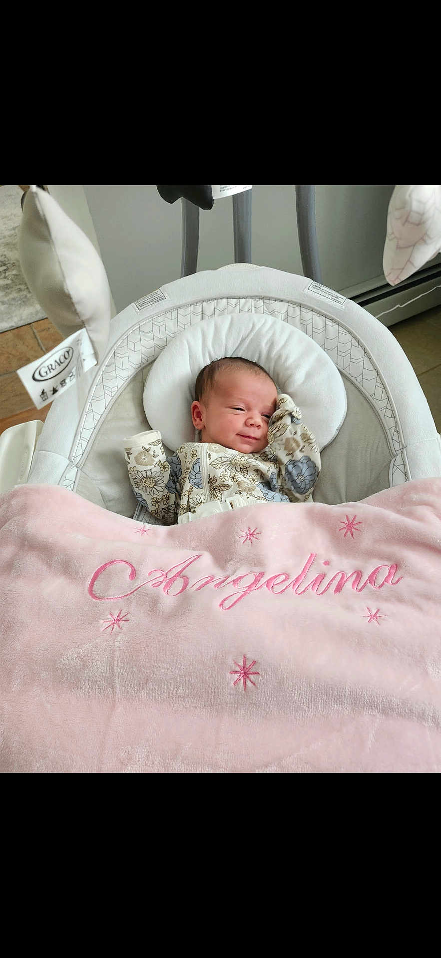 Angelina joined the competition — help win amazing prizes! newborn, baby, infant, baby_swing, blanket, pink_blanket, floral_onesie, sleeping, cozy, indoor, baby_bedding, child, cute, resting, soft_texture, home, comfort, baby_accessory, portrait, peaceful