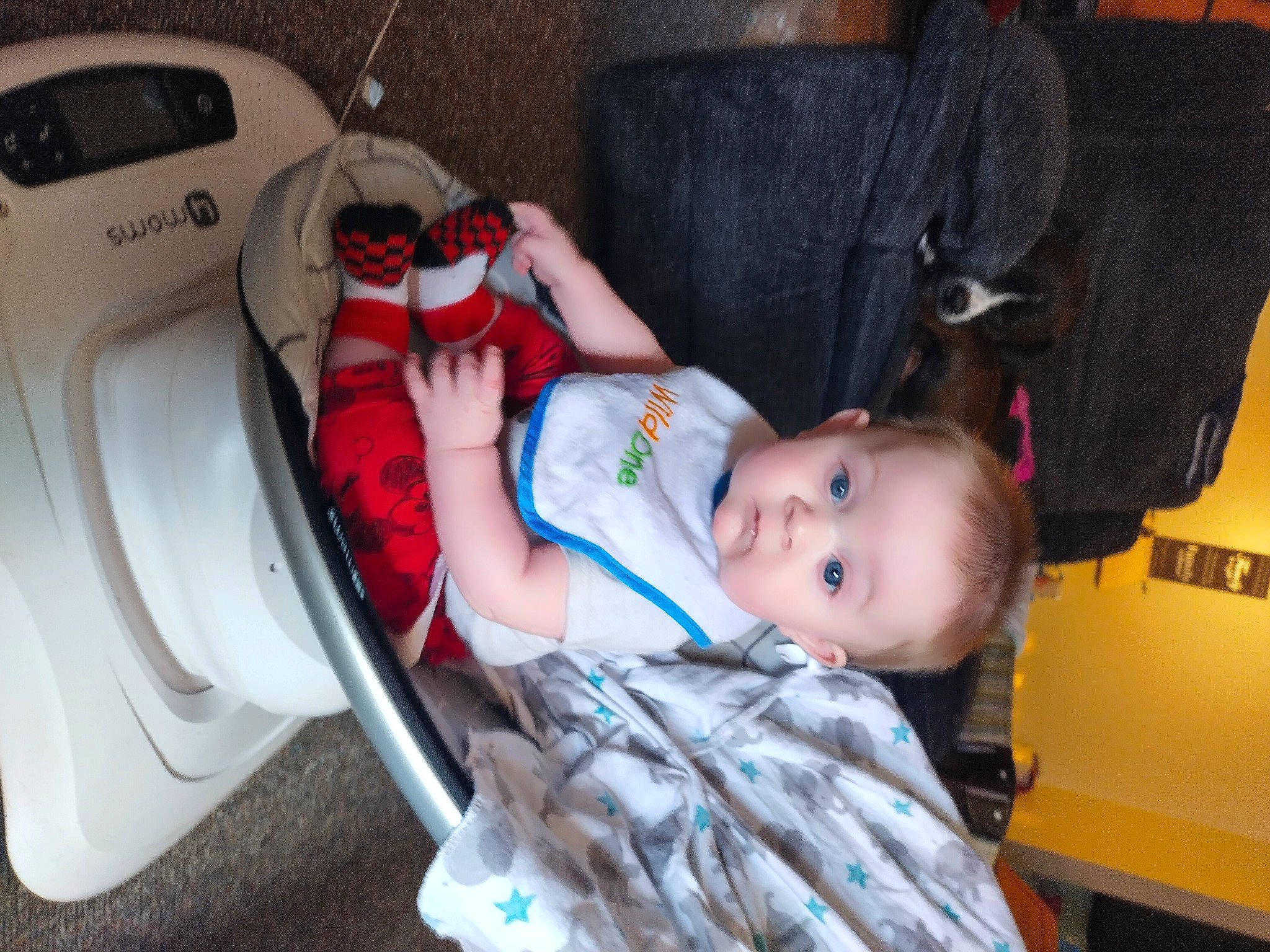 Liam is registered to the contest to win money with this photo: baby, baby_carriage, baby_products, baby_toddler_clothing, cheek, child, clothes_dryer, comfort, home_appliance, lap, laundry_room, person, room, sitting, skin, smile, toddler, washing_machine