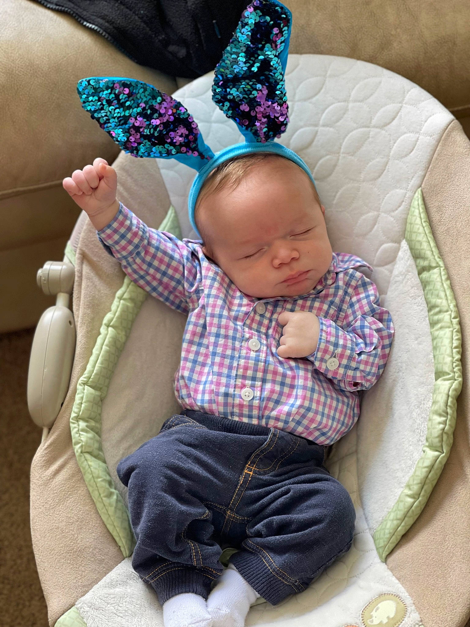 Tucoma Jr joined the competition — help win amazing prizes! arm, baby, baby_toddler_clothing, blue, child, comfort, couch, green, hand, head, human_body, lap, linens, person, pink, product, purple, sock, textile, thigh