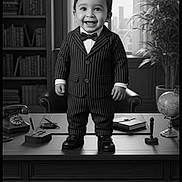 Rudransh is registered to the contest to win money with this photo: toddler, child, suit, bow_tie, desk, office, black_and_white, smile, bookshelf, book, globe, plant, rotary_phone, window, chair, vintage, portrait, indoor, person, formal_wear