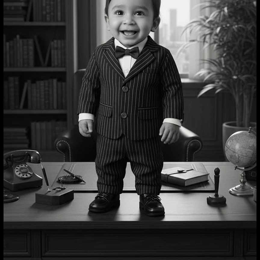 Rudransh is registered to the contest to win money with this photo: black_and_white, book, bookshelf, bow_tie, chair, child, desk, formal_wear, globe, indoor, office, person, plant, portrait, rotary_phone, smile, suit, toddler, vintage, window