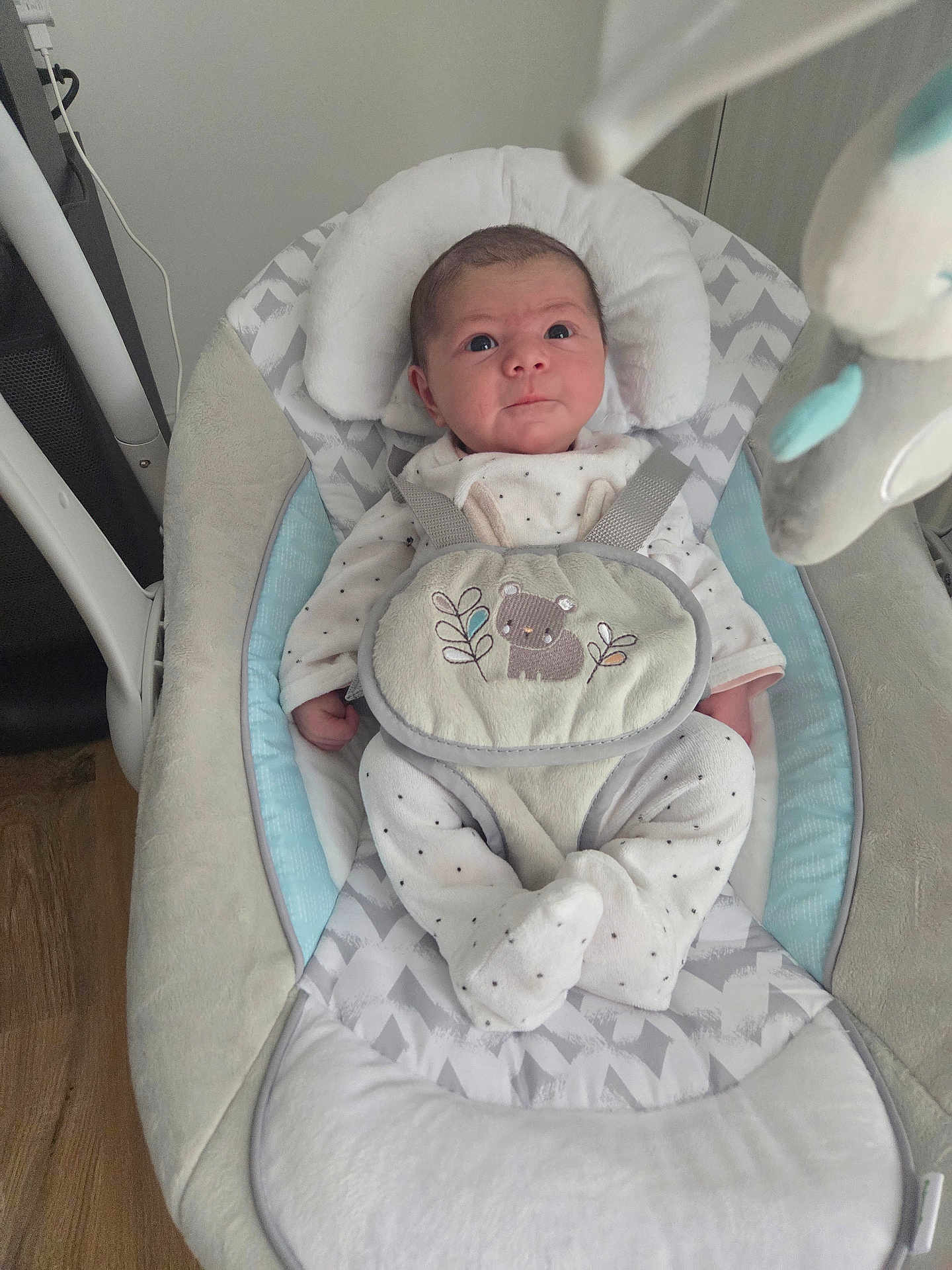 Leyna a rejoint le concours — aidez-le/la à gagner de superbes lots ! baby, infant, newborn, baby_bouncer, baby_seat, harness, onesie, polka_dots, plush_toy, hanging_toy, chevron_pattern, pillow, cozy, indoor, wooden_floor, hands, feet, wide_eyes, looking_up, home_interior