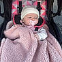 baby, blanket, pacifier, stroller, hat, child, pink, cozy, infant, clothing, outdoor, person, cute, warm, seat, fabric, face, hand, transport, comfort