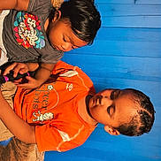 Royal joined the competition — help win amazing prizes! child, children, boy, toddler, sitting, blue_wall, orange_shirt, graphic_tshirt, short_hair, indoors, wooden_wall, playing, casual_clothing, brown_skin, brother_and_sister, relaxed, young, portrait, family, cute