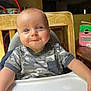 baby, blue_eyes, camouflage_shirt, child, cute, face, feeding, food, happy, high_chair, home, indoor, infant, messy_face, person, portrait, seated, smile, table, wooden_chair