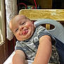 Reid joined the competition — help win amazing prizes! baby, child, face, tongue, smile, high_chair, camouflage, shirt, arm, window, curtain, sunlight, indoor, furniture, table, cute, chubby, expression, person, portrait