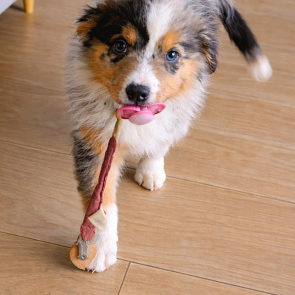 Moka participe au concours pour gagner de l'argent avec cette photo : puppy, dog, tricolor, walking, wooden_floor, indoor, cute, pet, fur, animal, playful, toy, pacifier, adorable, young, small, face, tail, paw, looking