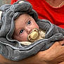 Alix participe au concours pour gagner de l'argent avec cette photo : adult_arm, baby, blanket, blue_eyes, child, closeup, cozy, cuddle, curious, face, gray_blanket, holding, indoor, infant, pacifier, person, portrait, red_shirt, soft_texture, warm