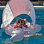 baby, child, float, fun, hat, inflatable, leisure, outdoor, pacifier, pink, pool, relaxing, sitting, summer, sunglasses, sunny, sunshade, toy, vacation, water