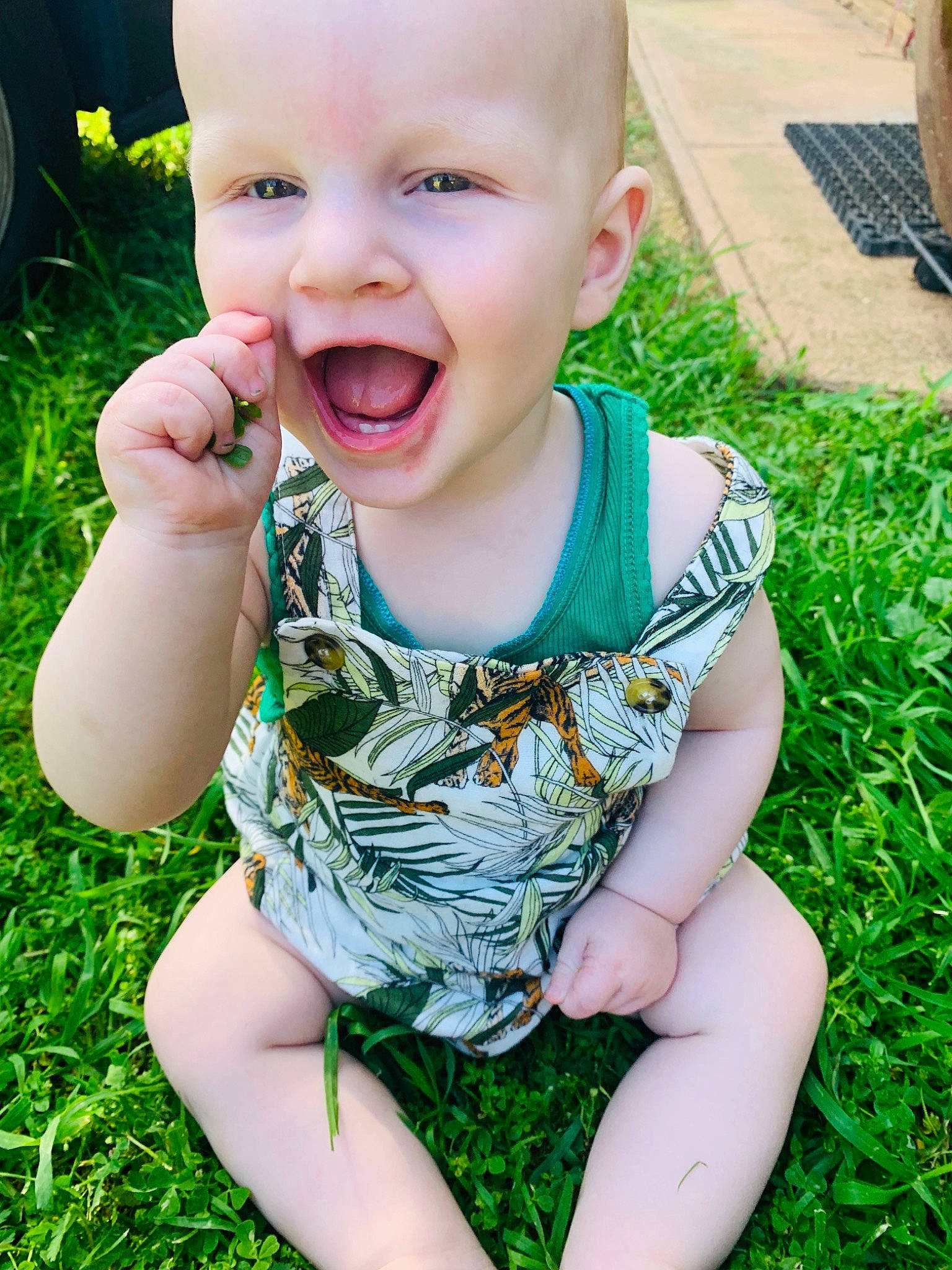 Korbin is registered to the contest to win money with this photo: baby, cheek, child, chin, face, facial_expression, grass, grass_family, green, head, leaf, mouth, nose, organ, person, skin, smile, summer, toddler, tongue