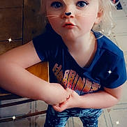 Faith joined the competition — help win amazing prizes! toddler, child, standing, barefoot, cat_ears_filter, whiskers, sparkles, blonde_hair, blue_eyes, graphic_tshirt, patterned_leggings, indoor, floor_tiles, hands_clasped, cute, playful, portrait, casual_clothing, digital_filter, looking_up