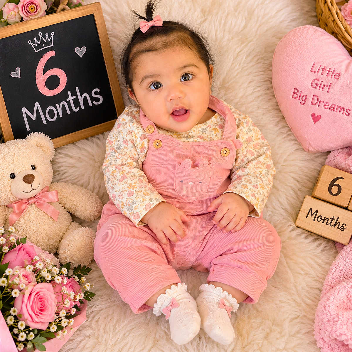 Taqdeer is registered to the contest to win money with this photo: baby, infant, six_months, child, portrait, smiling, sitting, pink, overalls, floral_clothing, hair_bow, teddy_bear, flowers, bouquet, chalkboard, wooden_blocks, blanket, nursery, birthday_theme, studio_photography