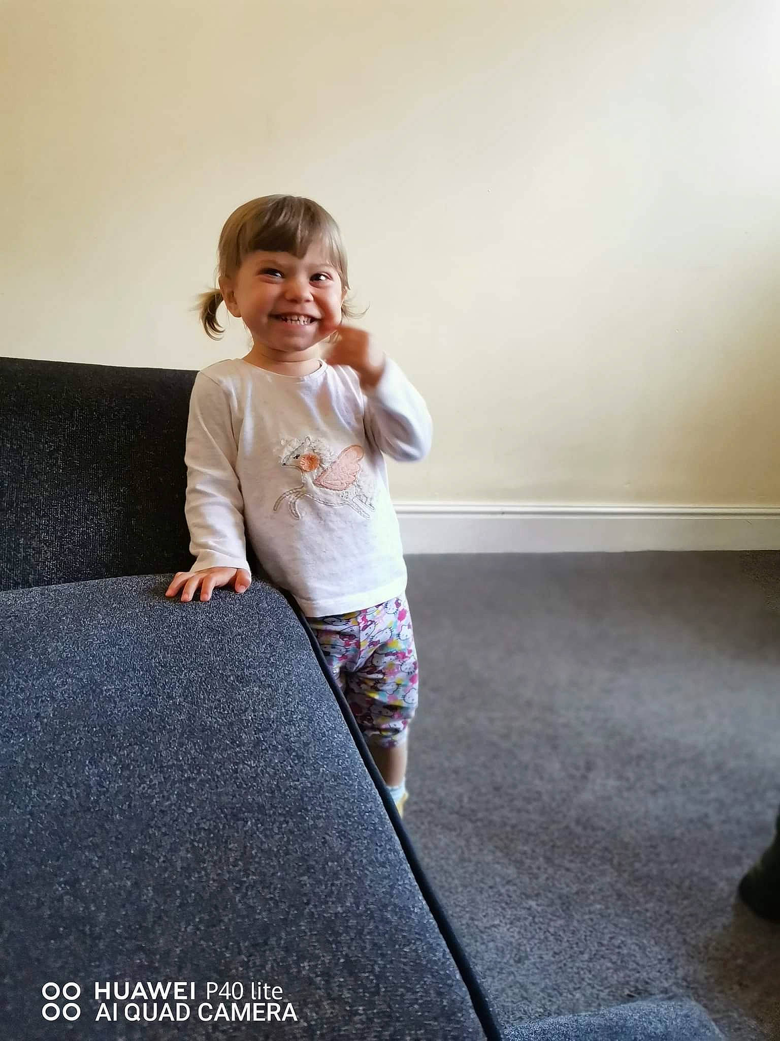 Gabriela joined the competition — help win amazing prizes! blond, comfort, flash_photography, floor, flooring, fun, happy, hardwood, human_body, human_leg, joy, knee, leg, person, shoulder, skin, sleeve, smile, t_shirt, thigh