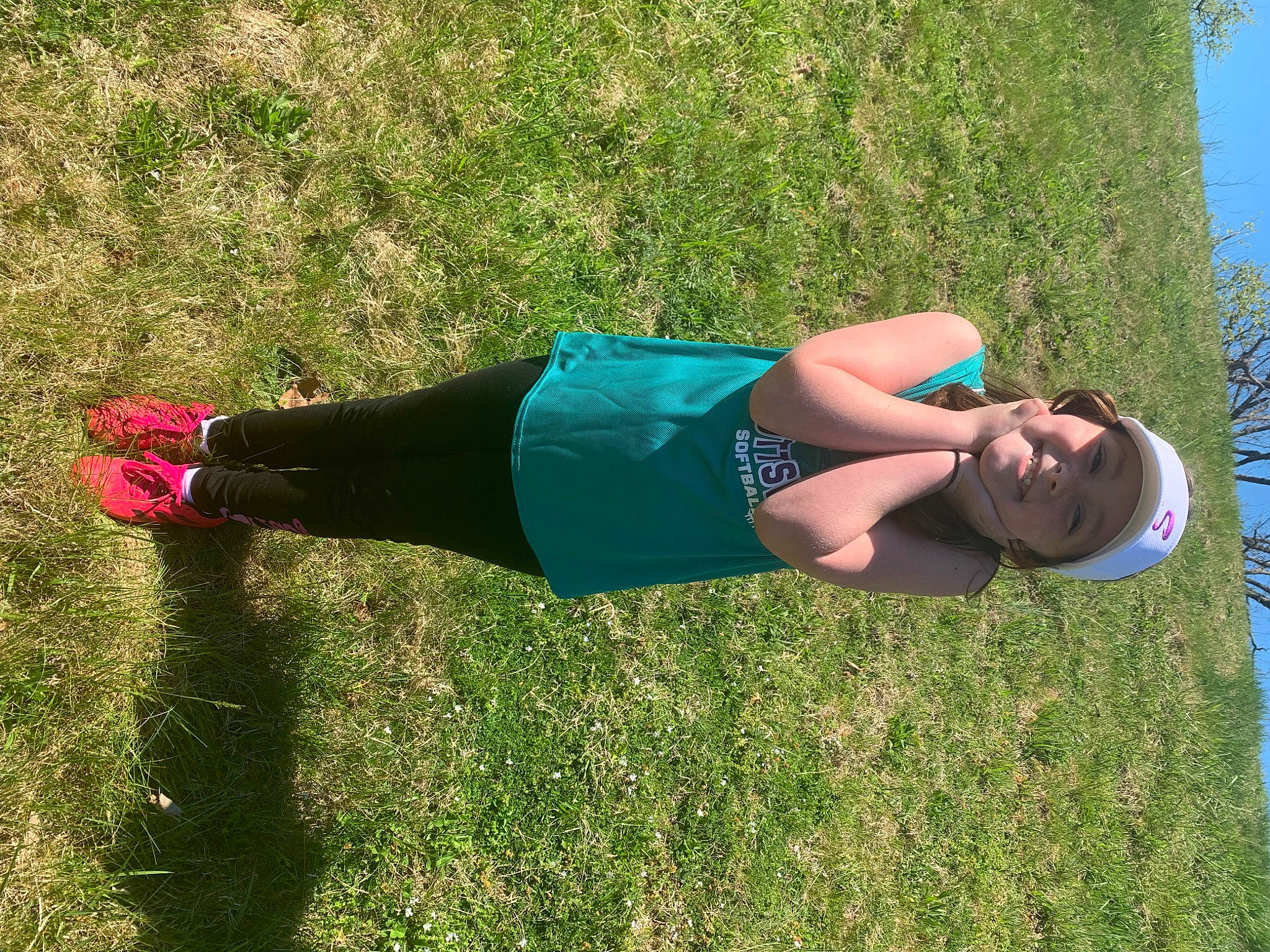 Spirit is registered to the contest to win money with this photo: active_pants, balance, calf, denim, elbow, electric_blue, grass, grassland, happy, headwear, human_leg, joy, knee, leg, leisure, people_in_nature, person, smile, sportswear, t_shirt