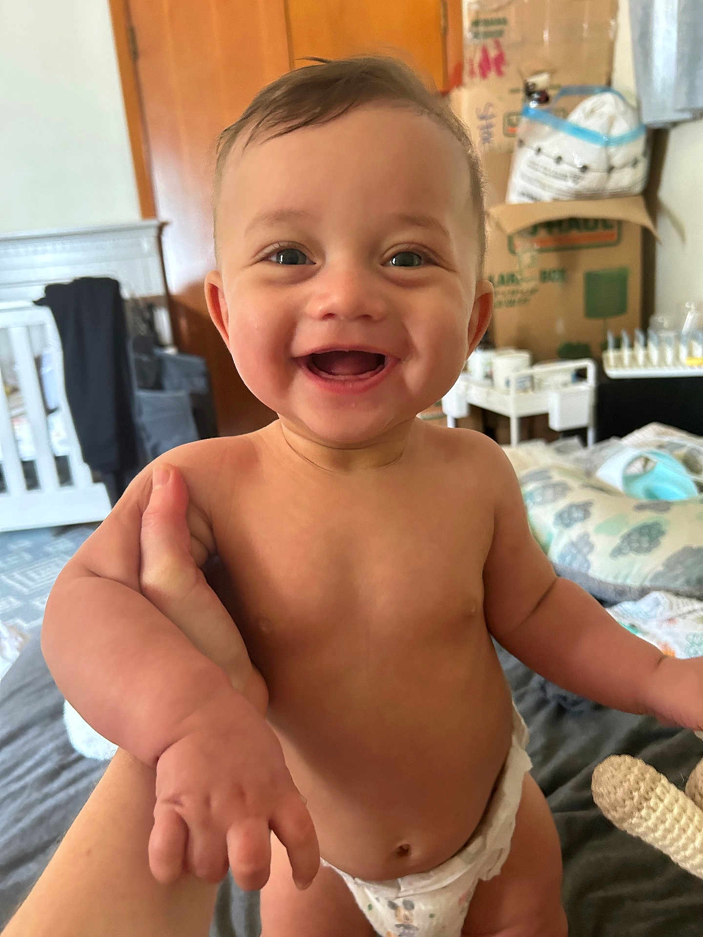 Denim joined the competition — help win amazing prizes! accessories, baby, babylaughing, bag, bed, bedroom, diaper, face, furniture, handbag, happy, head, indoors, laughing, person, photography, portrait, room, sitting, smile