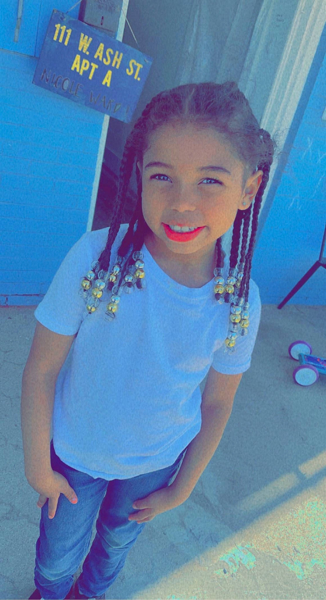 Adrianna is registered to the contest to win money with this photo: blue, child, denim, earrings, electric_blue, eyewear, fashion_accessory, fashion_design, fun, happy, jewellery, joy, laugh, leisure, magenta, necklace, pattern, person, sleeve, smile