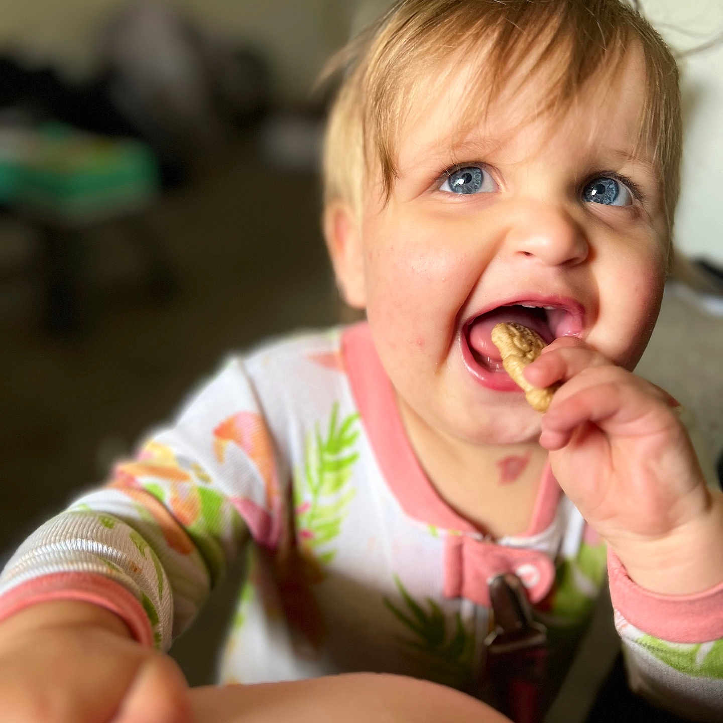 Sydney is registered to the contest to win money with this photo: blond_hair, blue_eyes, child, close_up, colorful_clothing, cookie, cute, face, hand, happy, home, indoor, messy_face, onesie, person, playful, reaching_out, smiling, toddler, young_child
