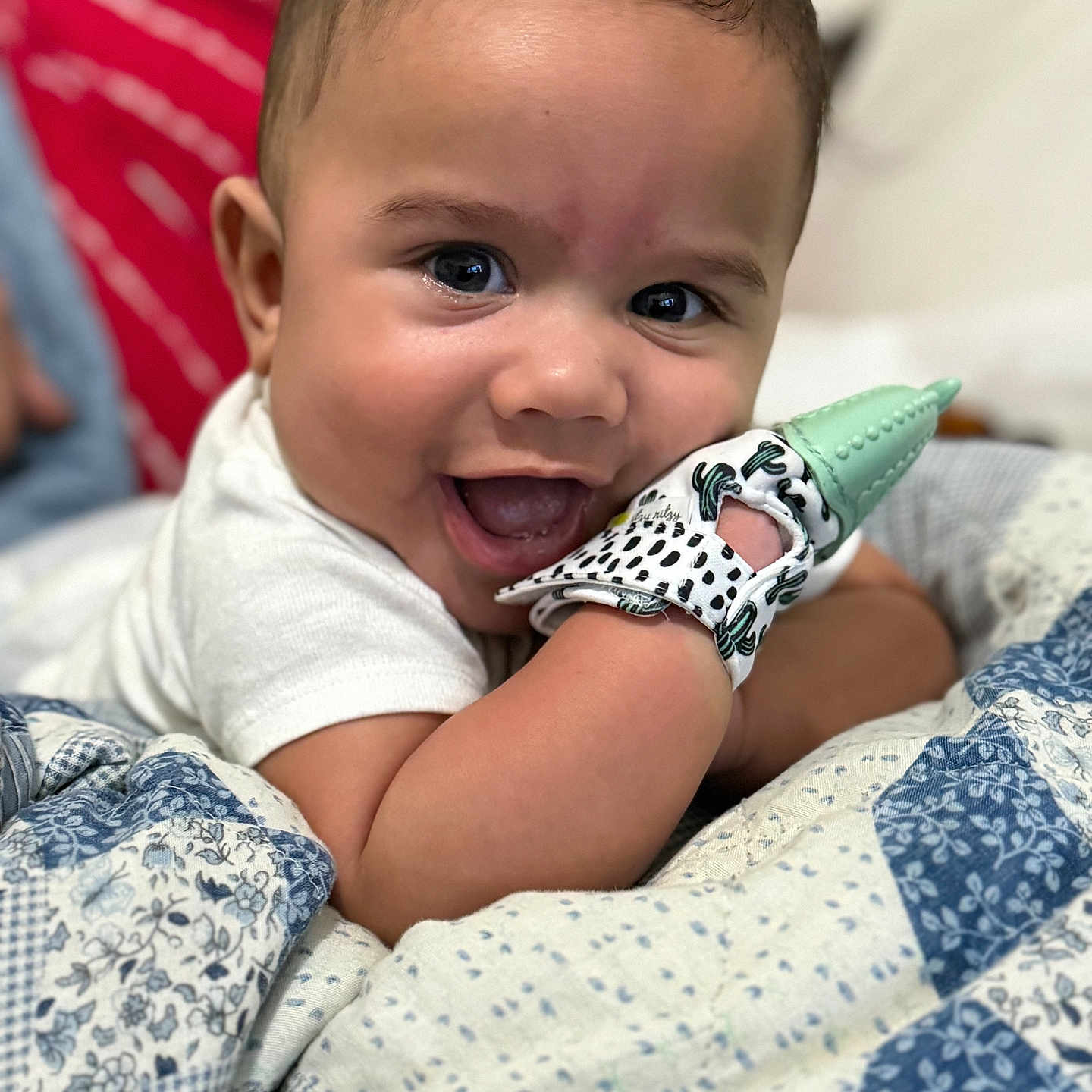 Noah joined the competition — help win amazing prizes! baby, babylaughing, bodypart, couch, cream, dessert, face, finger, food, furniture, hand, happy, head, icecream, laughing, newborn, person, photography, portrait, smile