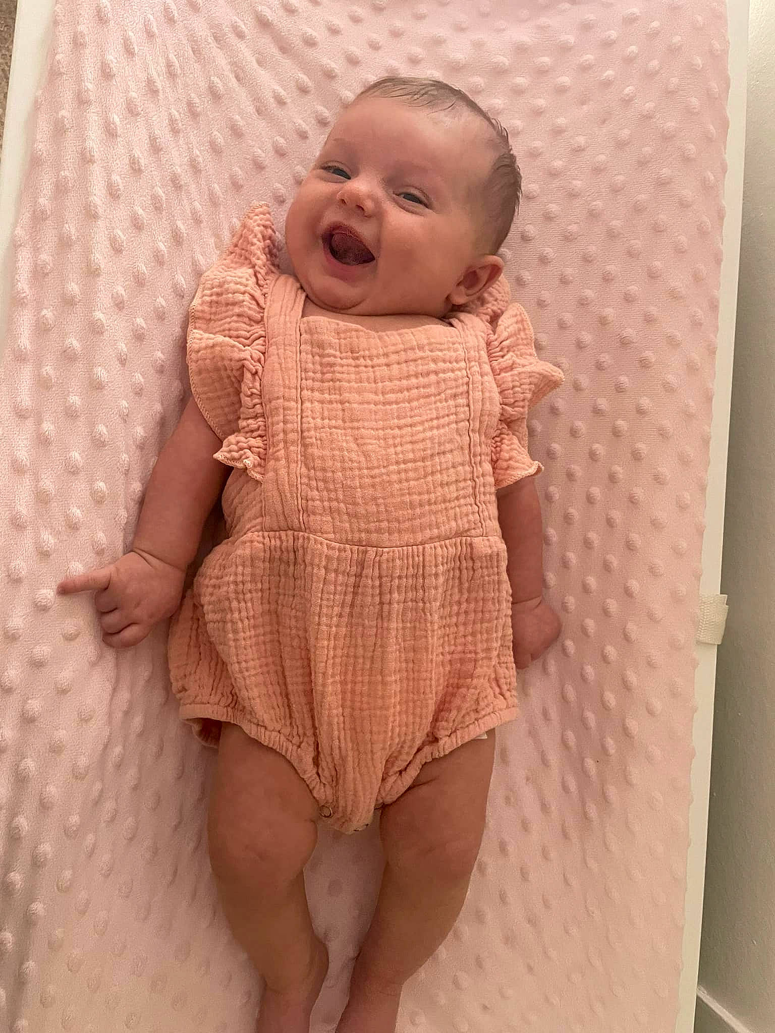Haisley is registered to the contest to win money with this photo: baby, baby_toddler_clothing, cheek, chest, child, comfort, face, flooring, human_body, human_leg, iris, pattern, person, sitting, skin, sleeve, smile, stomach, thigh, thumb