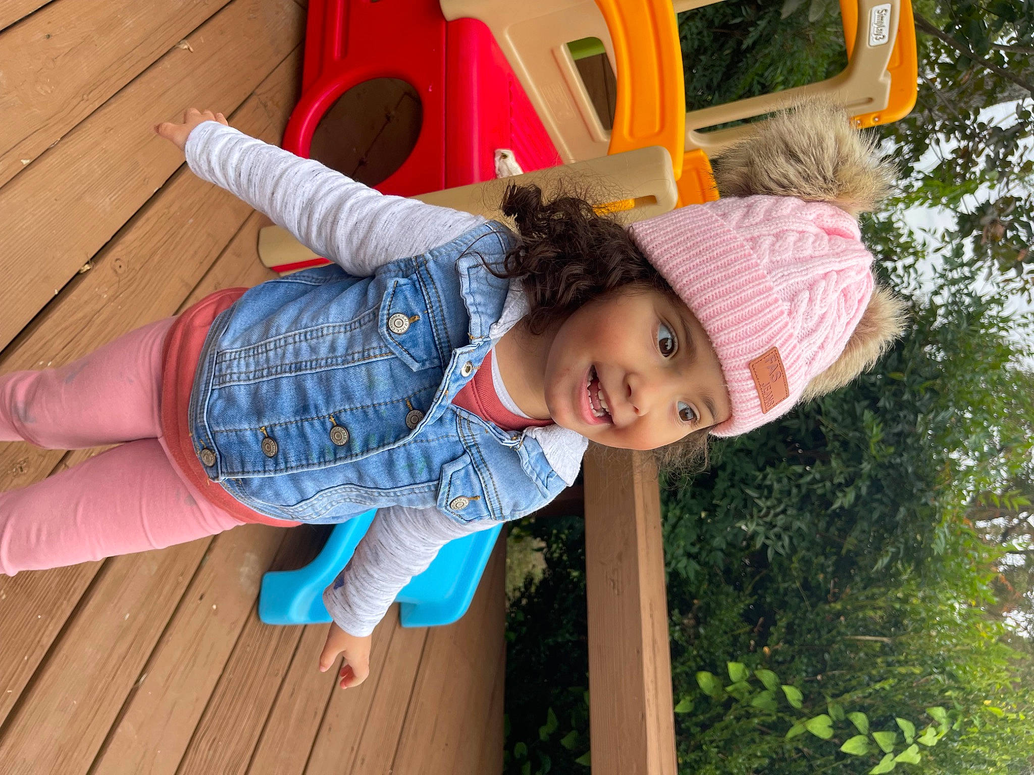 Reign is registered to the contest to win money with this photo: baby_toddler_clothing, child, city, denim, flooring, foot, fun, grass, green, happy, hardwood, hat, headwear, leisure, person, play, recreation, sun_hat, toddler, tree