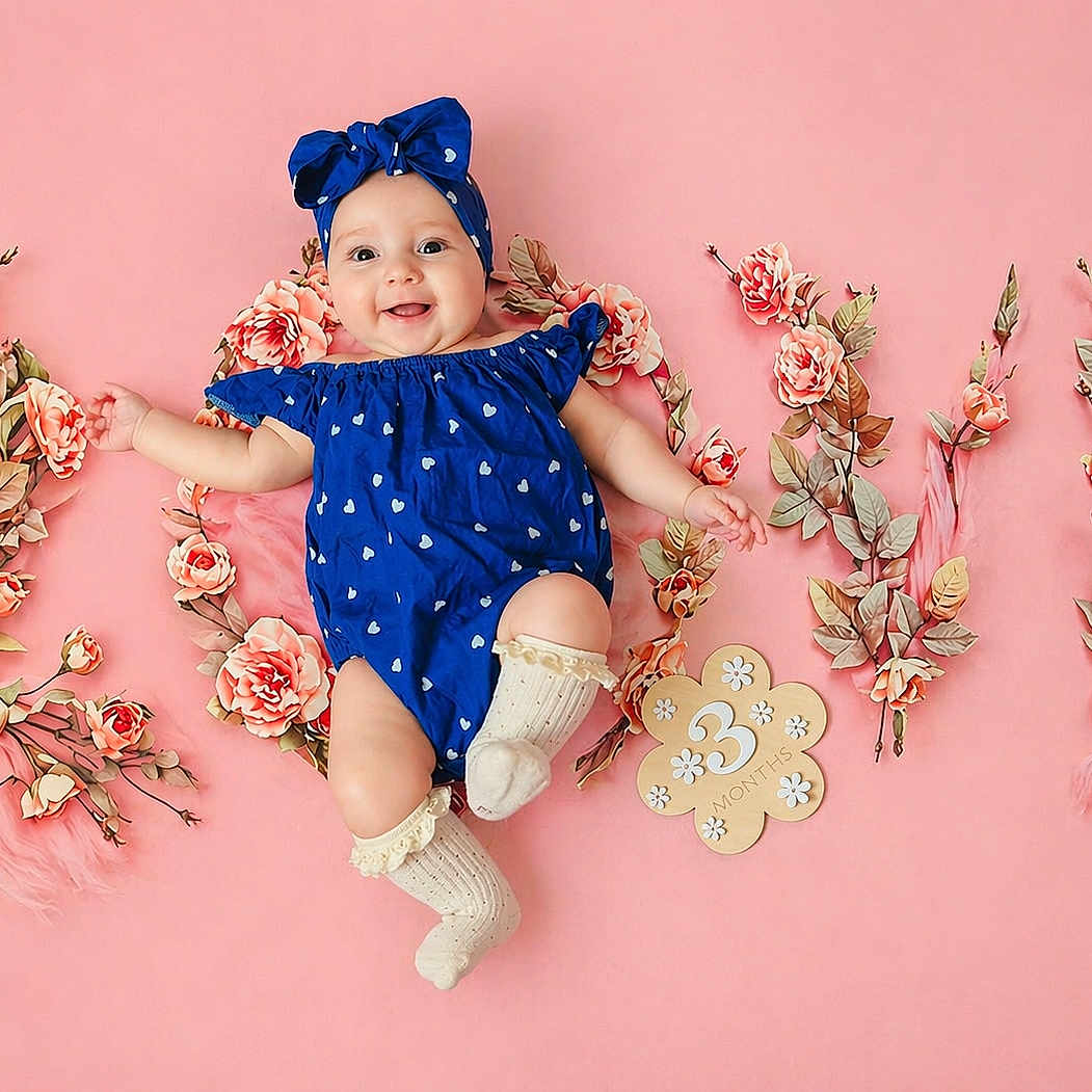 Myla a rejoint le concours — aidez-le/la à gagner de superbes lots ! baby, child, blue_outfit, headband, flowers, pink_background, love, milestone, 3_months, smiling, cute, portrait, infant, decorative, floral_arrangement, socks, lying_down, happy, celebration, studio_photo