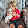 child, puppy, dog, armchair, patterned_fabric, red_shirt, blue_eyes, blond_hair, shorts, indoor, cute, hugging, pet, young, comfort, affection, fluffy, seated, home, cozy
