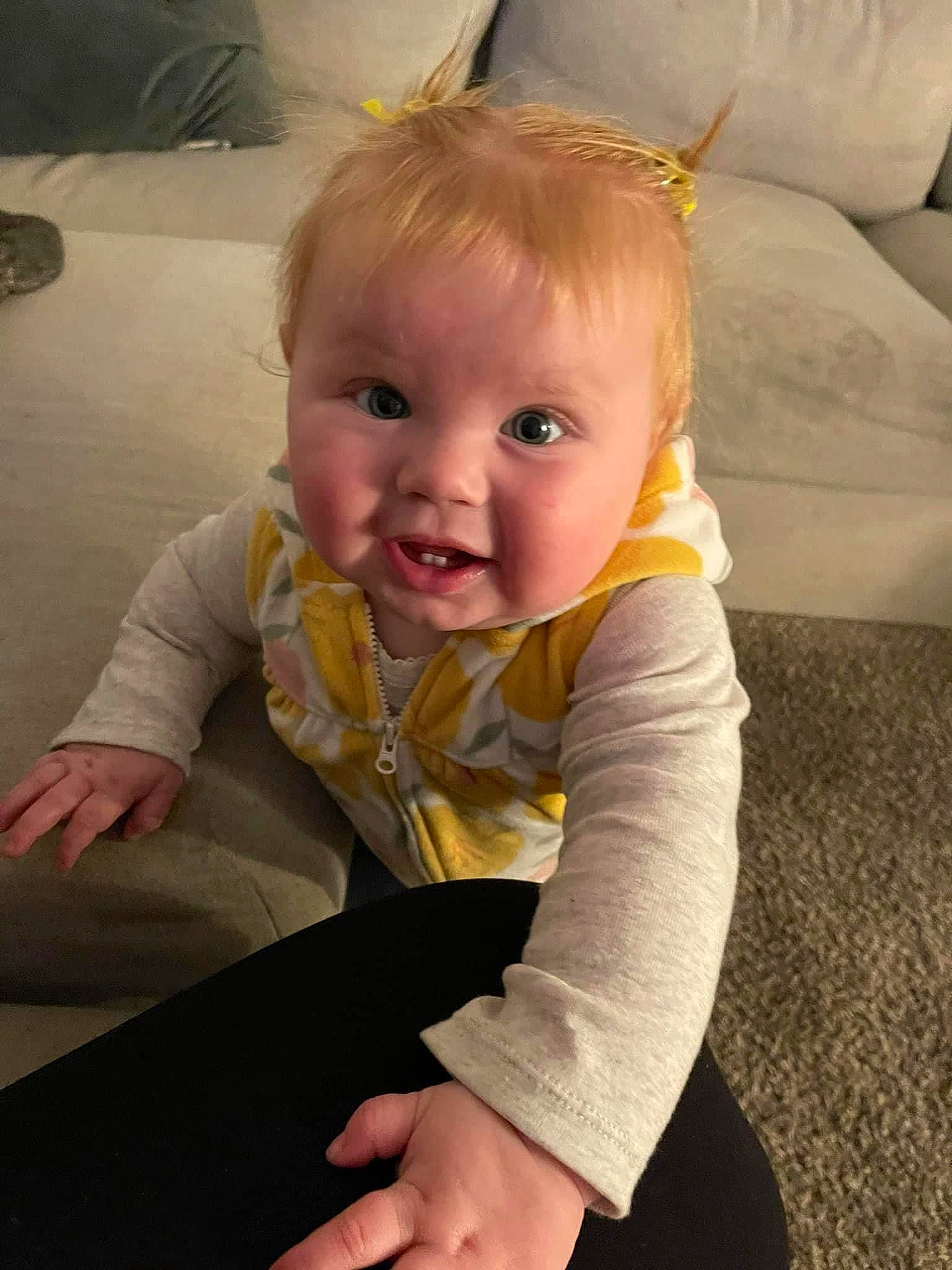 Kinlee joined the competition — help win amazing prizes! arm, baby, baby_toddler_clothing, cheek, comfort, elbow, finger, floor, flooring, gesture, hand, happy, joint, knee, nose, person, skin, sleeve, smile, thumb