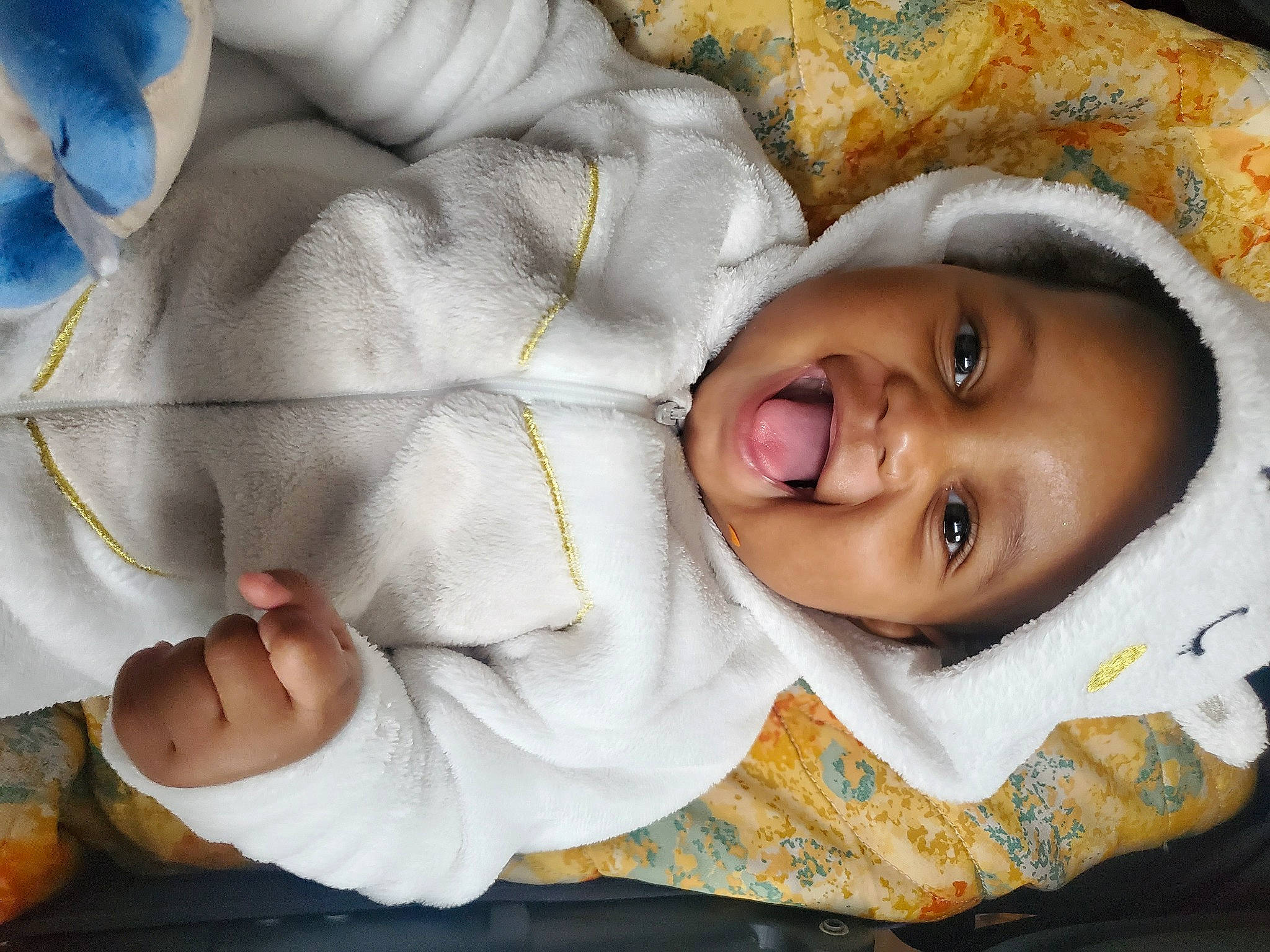 Tessia participe au concours pour gagner de l'argent avec cette photo : baby, baby_toddler_clothing, cheek, child, comfort, eye, happy, head, human_body, iris, nose, outerwear, person, product, skin, sleeve, smile, textile, toddler, tree