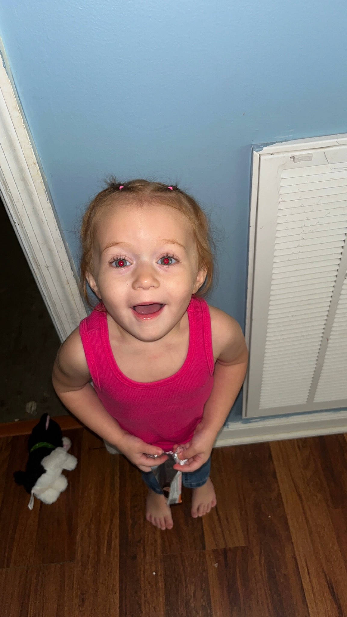 Harper joined the competition — help win amazing prizes! arm, baby_toddler_clothing, cheek, curtain, eye, facial_expression, finger, floor, flooring, hairstyle, hand, happy, iris, nose, person, pink, skin, smile, standing, toddler