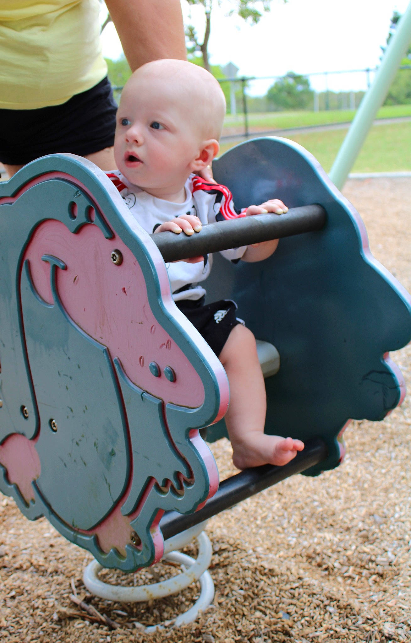 Bodhi is registered to the contest to win money with this photo: baby, baby_toddler_clothing, child, city, fun, grass, happy, leisure, mammal, outdoor_play_equipment, person, pink, play, playground, product, recreation, sitting, swing, t_shirt, toddler