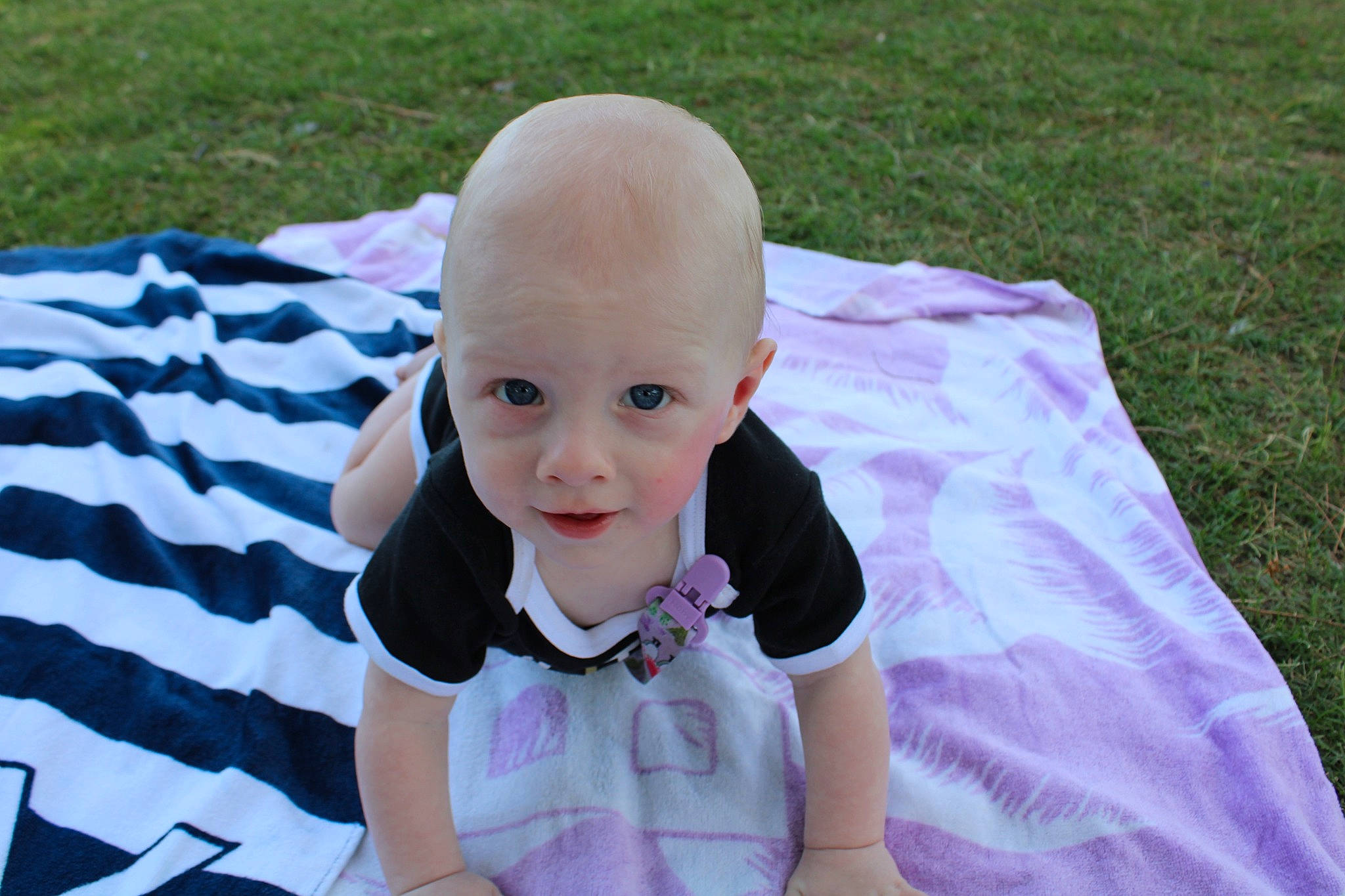 Bodhi is registered to the contest to win money with this photo: baby, baby_products, baby_toddler_clothing, child, flash_photography, fun, grass, happy, leisure, magenta, pattern, person, plant, play, portrait_photography, recreation, sitting, smile, t_shirt, toddler