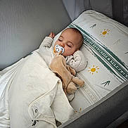 Mickaël participe au concours pour gagner de l'argent avec cette photo : baby, infant, sleeping, pacifier, blanket, crib, pillow, plush_toy, bed, bedding, cozy, nap, cute, face, hand, onesie, soft_toy, nursery, peaceful, indoors