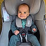 Mickaël participe au concours pour gagner de l'argent avec cette photo : baby, infant, child, car_seat, harness, buckle, smile, cheeks, eyes, headrest, onesie, green_clothing, seatbelt, safety, vehicle_interior, portrait, hands, legs, adorable, cozy
