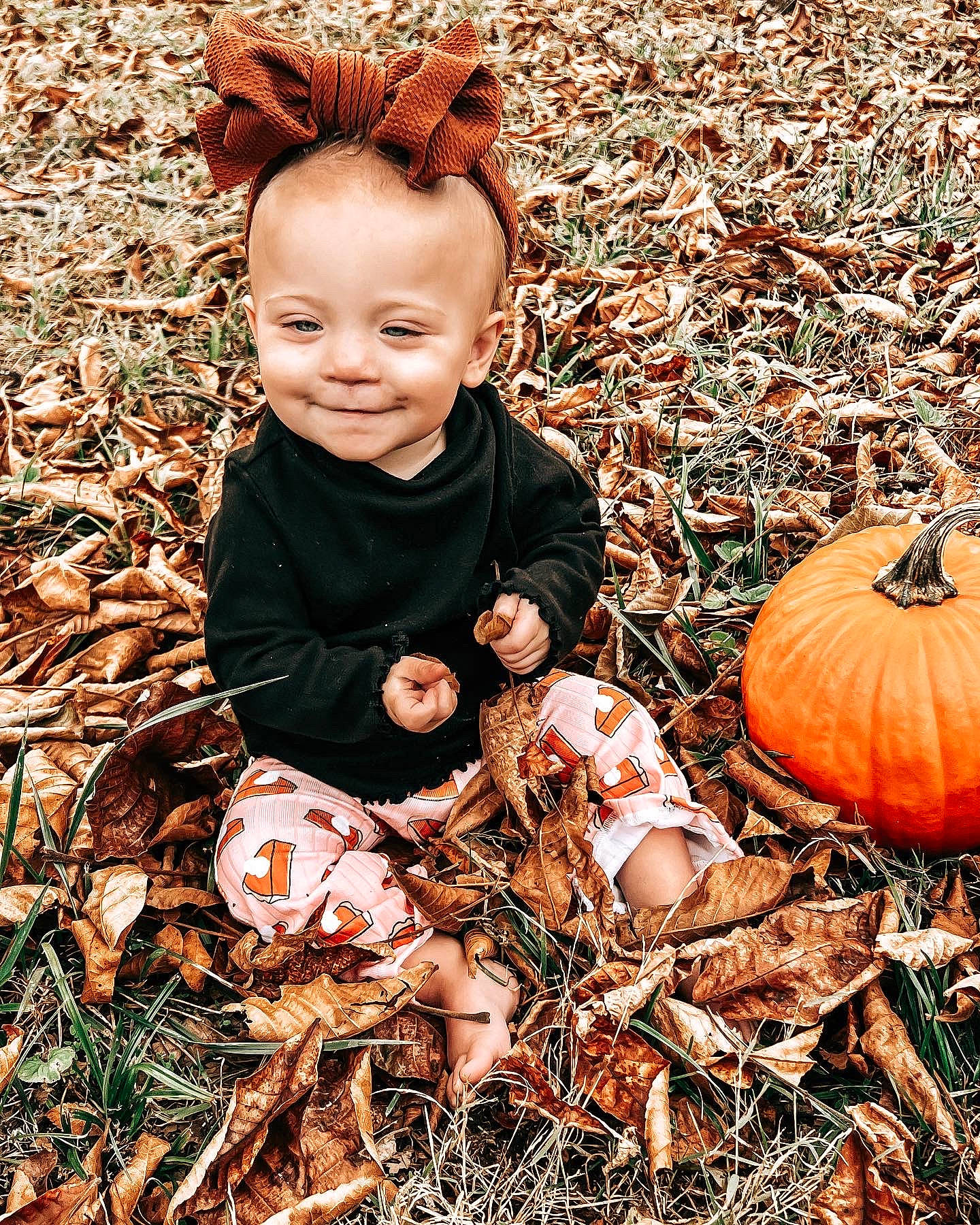 Everly is registered to the contest to win money with this photo: arm, calabaza, cucurbita, eye, gourd, grass, hand, happy, head, human_body, joy, leaf, orange, organ, people_in_nature, person, photograph, plant, pumpkin, smile