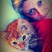 Jerry joined the competition — help win amazing prizes! person, cat, orange_tabby, face, eyes, whiskers, pillow, snuggling, close_up, indoor, relaxing, cozy, pet, animal, human, resting, comfort, red_clothing, hair, expression