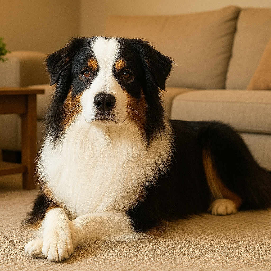 Una a rejoint le concours — aidez-le/la à gagner de superbes lots ! animal, australian_shepherd, black, brown, canine, carpet, couch, dog, ears, eyes, fur, furniture, indoor, living_room, paws, pet, plant, portrait, relaxed, white