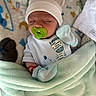 Luka joined the competition — help win amazing prizes! newborn, baby, sleeping, pacifier, hat, bear_hat, mittens, onesie, skeleton_design, blanket, bed, portrait, indoors, cozy, infant, peaceful, cute, textile, nursery, closeup