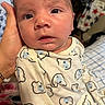 baby, newborn, child, infant, portrait, face, eyes, wide_eyed, mouth, hand, pajamas, bear_pattern, clothing, blanket, bed, indoors, cozy, close_up, family, photography