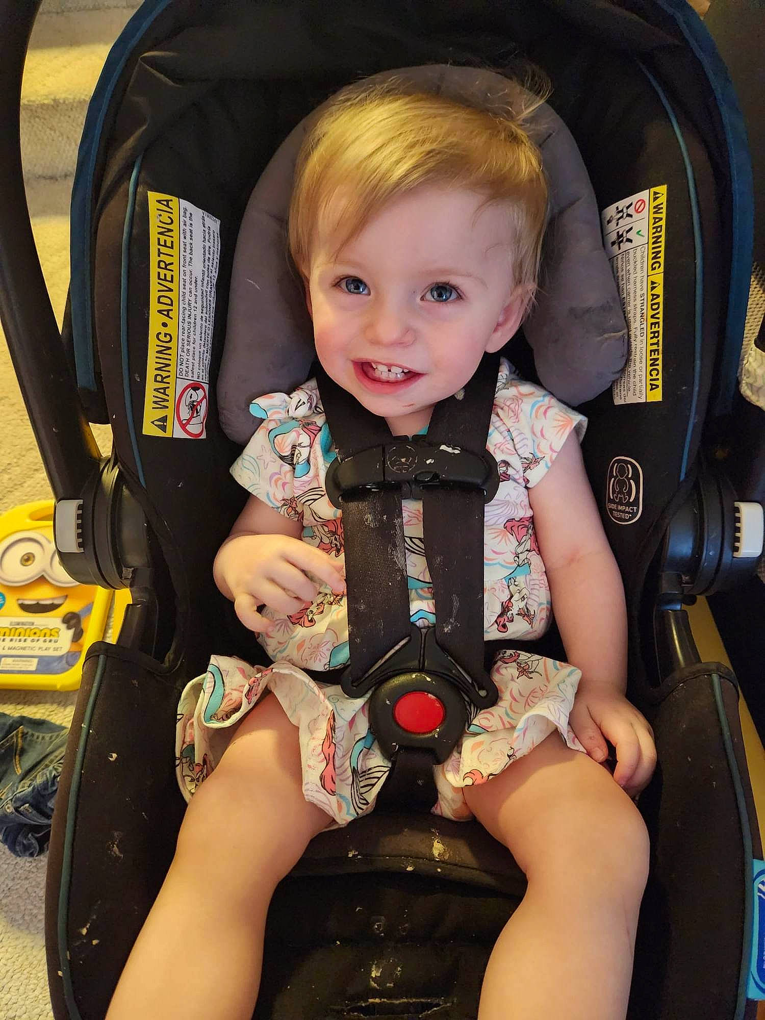 Gracelynn is registered to the contest to win money with this photo: auto_part, baby, baby_carriage, baby_in_car_seat, baby_products, baby_toddler_clothing, blond, car_seat, chair, child, comfort, electric_blue, fun, human_leg, joy, lap, person, sitting, smile, thigh
