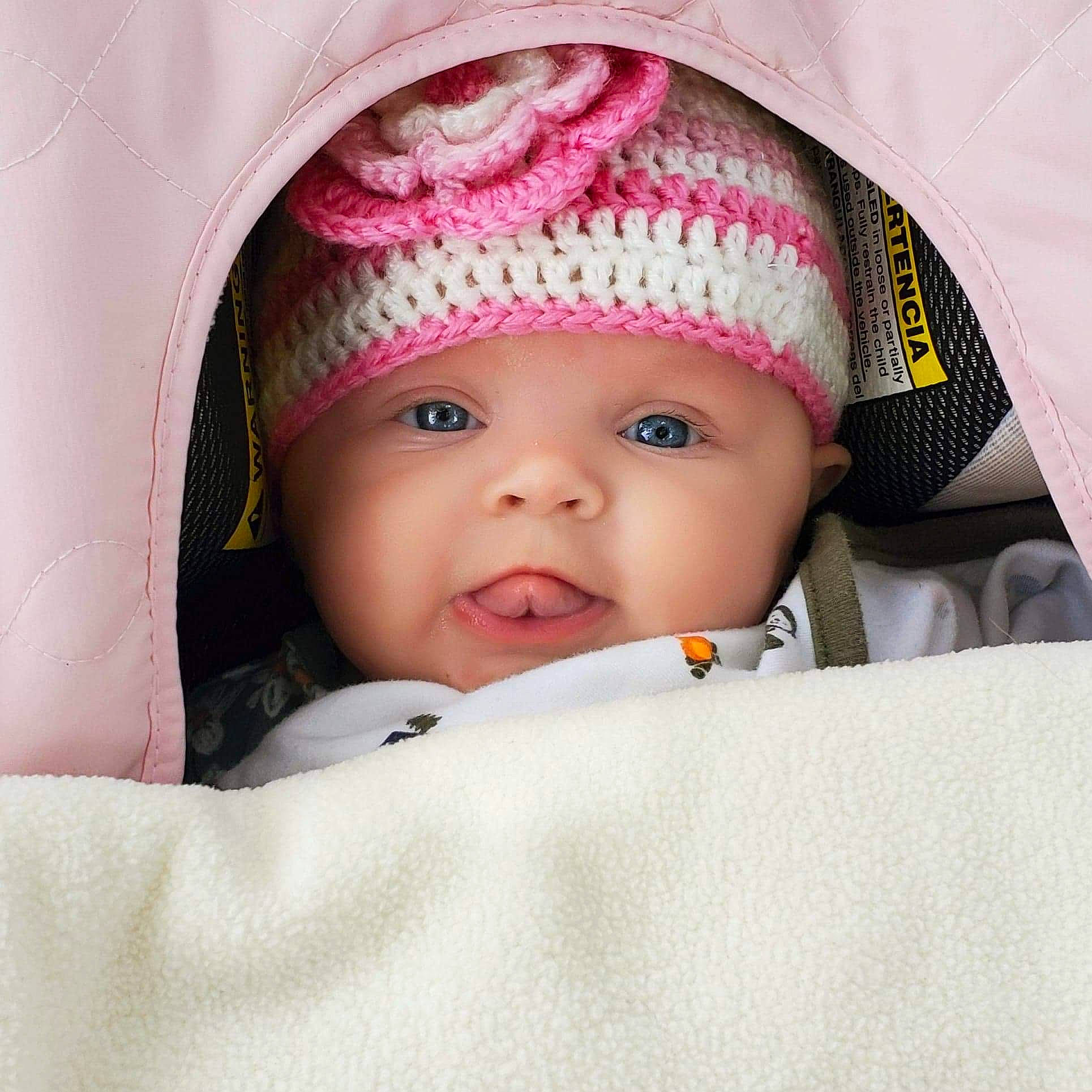 Brianna joined the competition — help win amazing prizes! baby, baby_sleeping, baby_toddler_clothing, cap, cheek, comfort, eye, eyebrow, eyelash, face, headgear, headwear, knit_cap, lip, nose, outerwear, person, pink, skin, sleeve