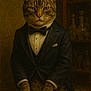Danger Man joined the competition — help win amazing prizes! animal_portrait, bow_tie, brown, cabinet, cat, elegant, feline, formal_wear, fur, glassware, indoor, mammal, pet, portrait, serious_expression, sitting, tabby, tuxedo, whiskers, wooden_surface