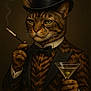 animal_portrait, anthropomorphic, bow_tie, brown, cat, cigarette_holder, drink, elegant, feline, formal_wear, glasses, hand, martini_glass, monocle, portrait, smoke, striped, top_hat, tuxedo, vintage_style