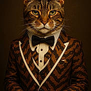 Danger Man is registered to the contest to win money with this photo: animal, black, bow_tie, brown, cat, close_up, costume, elegant, fashion, feline, formal_wear, indoor, portrait, serious_expression, sitting, striped, studio_lighting, table, tuxedo, white_paws