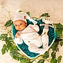 baby, infant, knit_hat, knit_outfit, heart_shaped_basket, teal_fur, stuffed_toy, teddy_bear, green_leaves, white_flowers, fluffy_background, cozy, cute, portrait, newborn, peaceful, soft_lighting, indoor, child, lying_down