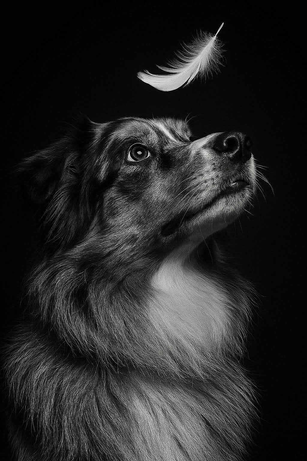 Sora participe au concours pour gagner de l'argent avec cette photo : dog, portrait, black_and_white, feather, close_up, animal, fur, looking_up, studio, dark_background, detailed, calm, pet, muzzle, whiskers, profile, soft_light, expression, majestic, serene