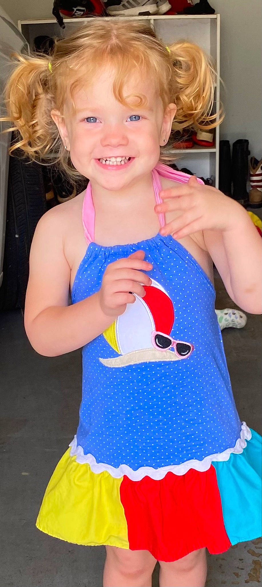 Evie joined the competition — help win amazing prizes! arm, baby_toddler_clothing, blue, clothing, facial_expression, fashion, finger, hairstyle, happy, joint, joy, muscle, neck, organ, person, pink, red, shoulder, smile, standing